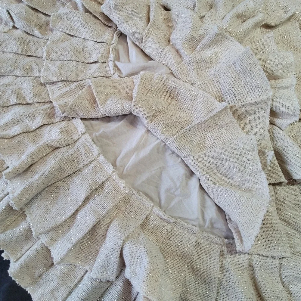 VHC‎ Christmas Tree Skirt Cream Silver Ruffled Burlap Metallic Tiered
